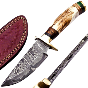 Cuchillo de Supervivencia de Acero de Damasco Premium para Caza y Camping con Mango de Cuerno de Ciervo, Cuchillo Táctico con Funda de Cuero - Product Image 5