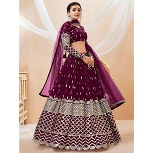 Bewitching Wine Sequins Georgette <b>Wedding</b> Wear Lehenga Choli - Product Image 5