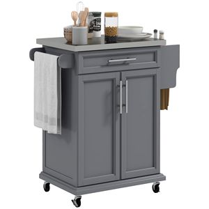 Isola da Cucina Moderna Portatile su Ruote Grigia con Cassetto, Piano in Acciaio Inox, Carrello Utilitario in Quercia con Portasciugamani e Portaspezie - Product Image 1