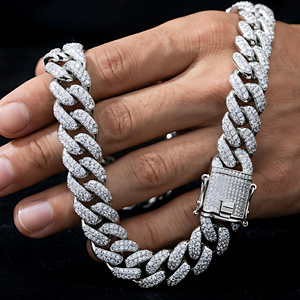 12mm Hip Hop Unisex Moissanite Sterling <b>Silver</b> Cuban Link Chain Necklace with Prong Set VVS1 Stone Trendy Style - Product Image 1