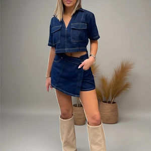 Ensemble en jean sur mesure OEM, coupe ajustée, vente en gros, crop top en jean, mini-jupe, ensemble jupe en jean pour femme - Product Image 2
