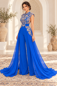 Mishkat Couture Royal Blue Plum Velvet Embroidered <b>Gold</b> Beadwork Long Sleeves Cape Overlay <b>Belt</b> Elegant Wedding Evening Party - Product Image 2