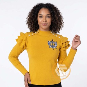 Customized Sigma Gamma Rho Acrylic Appliques Embroidered Casual Winter Crew Neck <b>Covered</b> <b>Button</b> Front Cardigan Sorority Women - Product Image 2