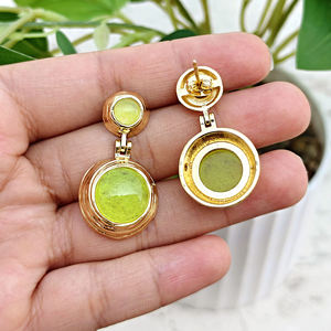 Chunky Double Prehnite Jade Cabochon 6mm/12mm Trendy Women's Party Drop <b>Earrings</b> 18k Gold Plated Solid Brass Push <b>Back</b> Wholesale - Product Image 3