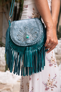Hand-tooled Peacock Design Embellished Variety of Silver <b>Studs</b> Surrounding a Genuine Gemstone on a Hand-painted Cow Leather Flap - Product Image 2