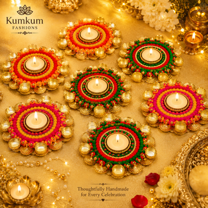 Support de bougie chauffe-plat tendance en Gota Patti fait main indien avec pompons Rangoli pour Noël, mariage, Diwali, décoration festive pour la maison - Product Image 3