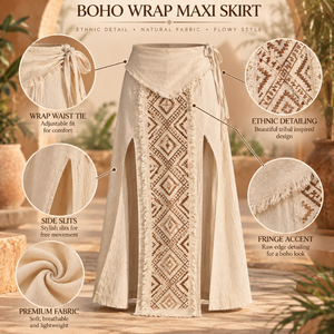 Wrap Maxi <b>Skirt</b> Womens <b>Boho</b> Ethnic Embroidered Fringe Side Slit|Tie Waist Flowy Beach Resort Vacation Summer Wear Bohemian Styl - Product Image 5