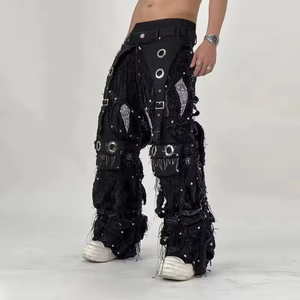 Jean en coton de haute qualité pour homme, nouveau modèle du fabricant, coupe droite déchirée, avec boutons décoratifs, style délavé et patchwork, jambe large - Product Image 5