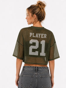 Jersey de Fútbol Americano Transparente de Malla Verde Oliva, Corte Cuadrado, para Mujer, 100% Poliéster, Cuello Redondo, Estilo Y2K, Personalizable con Impresión - Product Image 3