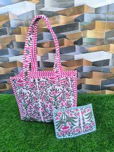 Large <b>Boho</b> Quilted Cotton Shoulder Tote <b>Bag</b> with Pouch Set for Women Washable Block Print Luggage Tote <b>Bag</b> on Sale for Grocery - Product Image 1