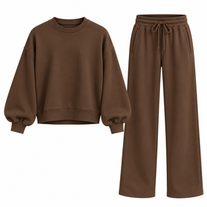 Ensemble de survêtement marron personnalisé pour femme – Sweat-shirt à col rond et pantalon large à cordon de serrage – Tenue décontractée - Product Image 1