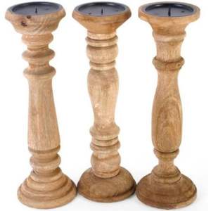 Ensemble de 3 bougeoirs décoratifs en bois de teck antique, style shabby chic, pour bougies pilier, pour ornement de table - Product Image 2