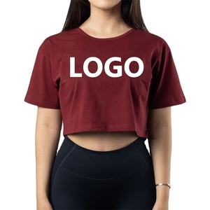 Camiseta corta de algodón 2022 para mujer, manga corta de gran tamaño con hombros caídos personalizados con patrón impreso y decoración de parches - Product Image 1