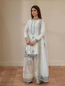 Ensemble Kurti en soie blanche brodée, Farshi Salwar, Dupatta à bordure en dentelle, tenue de soirée pour femmes - Product Image 2