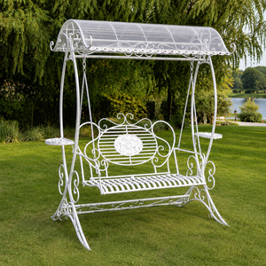 Banc balançoire de jardin en fer forgé blanc avec auvent, Jhula d'extérieur ornée avec étagères latérales pour mobilier de jardin - Product Image 4
