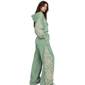 Mint Green Womens Paisley Print Crop Hoodie Wide Leg Pants Two Piece Tracksuit Casual Streetwear Loose Fit <b>Jogger</b> <b>Matching</b> <b>set</b> - Product Image 2