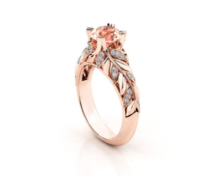 Premium 925 Silver Rose <b>Gold</b> Finish Peach Gemstone <b>Ring</b> CZ Studded Floral Leaf Women Fashion Jewelry - Product Image 1