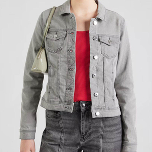 Women's Vintage Washed Denim Bomber <b>Jacket</b> Eco-Friendly High Street Style Winter <b>Short</b> <b>Sleeves</b> Button-Up Stylish Outerwear - Product Image 5