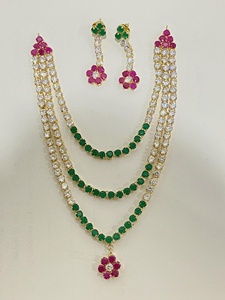 RAY FINE ORNATES Three Layer <b>Ruby</b> Emerald CZ IGI Certified Vintage <b>Necklace</b> Set 22K Gold Plated Floral Bridal Indian Wedding - Product Image 2