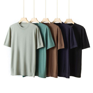 เสื้อยืดคอกลมแขนสั้นสีกรมท่าทรงเข้ารูปสำหรับผู้ชาย ผ้าถัก สีพื้น สไตล์ลำลอง - Product Image 6