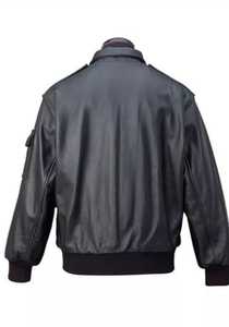 Blouson aviateur en cuir véritable pour homme, col rabattu, fermeture éclair, style motard, couleur unie, coupe classique, automne - Product Image 2