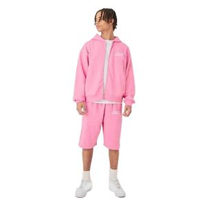 Ensemble survêtement homme rose uni avec logo personnalisé, sweat à capuche zippé et short assorti, vente en gros OEM ODM - Product Image 1
