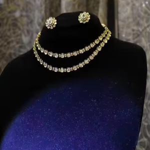 Ensemble de collier choker à deux rangs en argent afghan Polki Diamond, élégant et fait main, avec motif floral assorti - Product Image 1