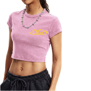 Women's <b>Cropped</b> Crew Neck T-Shirt Solid Color Short Sleeve Knitted Cotton Breathable Casual Front Logo Design - Product Image 2