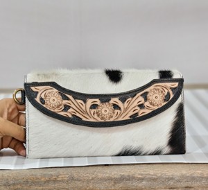Handmade Genuine Leather Clutch <b>Wallet</b> With Embossed Floral Design Black And White Cowhide Pattern Bohemian Style Women's <b>Wallet</b> - Product Image 1