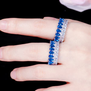 Unisex Wide Eternity Band <b>Ring</b> Brilliant Cut Moissanite Blue White Prong Set 925 Silver Rhodium Plated Cocktail <b>Ring</b> Engagement - Product Image 4