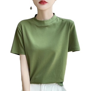 Printemps et automne nouveau T-shirt à manches courtes en coton à col mi-haut pour femmes Joker haut à manches amples bas mince - Product Image 3