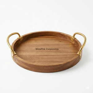 Plateau rond en bois d'acacia avec poignées dorées, grand plateau de service en bois, vaisselle décorative de luxe pour restaurants, plateaux écologiques - Product Image 1