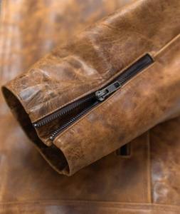 PIHA SPORTS Men's Genuine Leather Varsity Jacket Stand Collar Regular Fit Winter Biker Style <b>Covered</b> <b>Button</b> Closure Brown Washed - Product Image 5