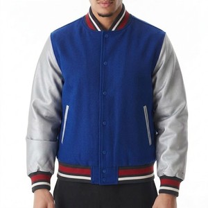 Men's Royal Blue Varsity <b>Jacket</b> With Silver Gray Contrast Sleeves Ribbed Stripe Collar Snap Button Front Casual Letterman - Product Image 5