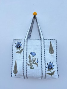 Women <b>White</b> Cotton Tote <b>Bag</b> With Blue Floral Print Bohemian Style Summer Casual Zipper Shopping Travel Handbag for Women - Product Image 1