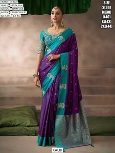 Sari Tradicional de Seda Bordado en Satén Color Fucsia Teal Heritage para Mujer, Sin Arrugas, para Invierno, Diwali, Bodas y Fiestas - Product Image 6