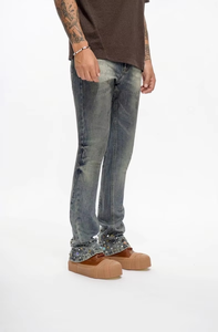 Jean en denim pour homme de haute qualité en coton, marque américaine Highstreet, coupe évasée taille mi-haute, rivets en strass, délavage vintage, style Y2K - Product Image 3