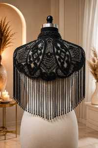COTTON COUTURE Black Beaded Polyester Cape with Fringe Embroidery Decorative <b>Wrap</b> <b>for</b> Adult <b>Wedding</b> Party Wear - Product Image 2