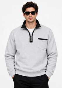 Sudadera Gris para Hombre con Cierre de Cremallera, Cuello Negro, Manga Larga, Felpa Francesa - Product Image 1