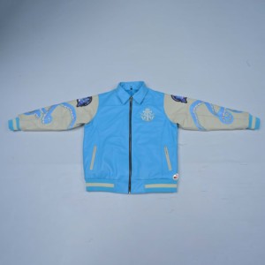 Blousons universitaires en cuir véritable bleu clair pour hommes, col rabattu, broderie, blocs de couleur, fermeture éclair, doublure polaire, décontracté, hiver - Product Image 6