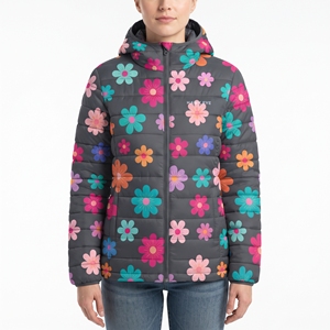 <b>Women's</b> Floral <b>Belted</b> Sublimation Puffer Jacket Hooded Quilted Winter <b>Coat</b> Warm Padded Outdoor Fashion Casual Outerwear New Wear - Product Image 1