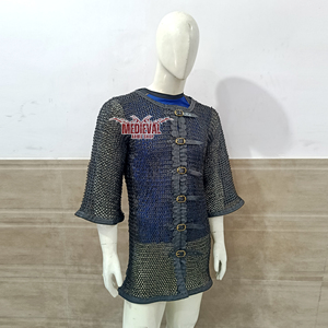 เสื้อเกราะเหล็กกล้าอ่อนยุคกลาง ขนาด 9 มม. แบบวงแหวนติดหมุดแบน แขนครึ่งแขน แต่งหนัง ปิดด้วยหัวเข็มขัด ทำด้วยมือ สีดำ - Product Image 3