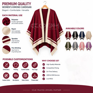 Poncho en tricot décontracté de longueur longue, couleur bordeaux avec bordure crème et manches chauve-souris, de la sororité Cosh International. - Product Image 6