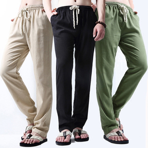 Pantalon décontracté pour homme, taille élastique, en coton, coupe droite, léger, respirant, avec poches latérales, pour l'été - Product Image 3