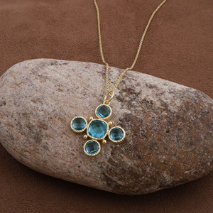Collar con Colgante de Cruz de Topacio Azul, Engaste de Bisel, Piedras Redondas, Cadena de Latón, Joyería Unisex para Uso Diario V - Product Image 2