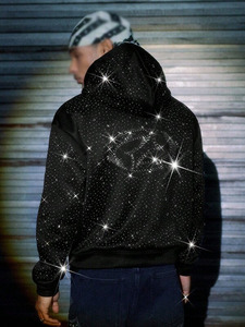 เสื้อฮู้ดดี้ผู้ชายประดับคริสตัลสีดำทรงโอเวอร์ไซส์ สไตล์สตรีทแวร์ ผ้าคอตตอนผสม ผลิตตามสั่ง พร้อมบริการผลิตและจัดหา - Product Image 2