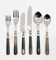 Ensemble de couverts de luxe en acier inoxydable 6 pièces avec manche incrusté de corne, fourchette, couteau, cuillère, vaisselle de table haut de gamme
