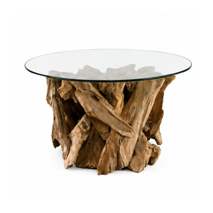 ARTERRA Luxury Modern Decorative Teak Root Coffee <b>Table</b> with Glass Top Round Natural Wood Living Room for Home & Hotel - Product Image 1