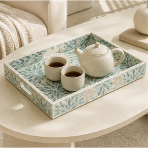 Plateau rectangulaire en bois fait main avec incrustation de nacre et mosaïque florale, pour table basse, ottoman, décoration, OEM personnalisé - Product Image 6