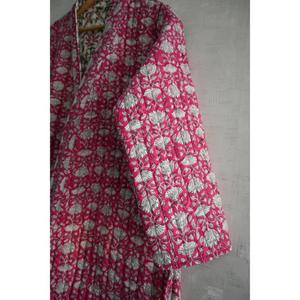 Handmade Indian Cotton Quilted Kimono Jacket <b>Women</b> Long Bathrobe Boho <b>Robe</b> Stylish Winter Floral Block Print V-neck Drawstring - Product Image 2